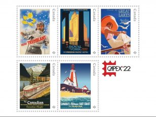 5 eye-catching stamps depict 20th-century travel posters from golden age of commercial art in Canada