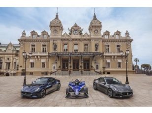 The new Maserati GranTurismo, on display at the Monaco E-Prix in the Place du Casino